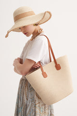 Beige Straw Hat with Stitching Details