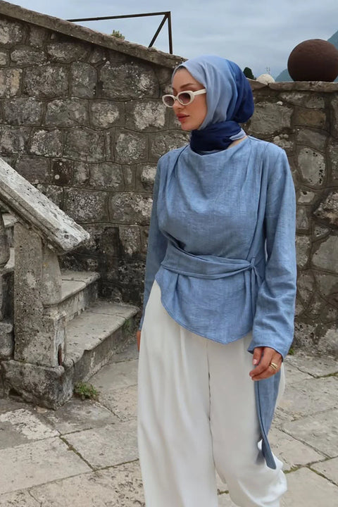 Sümeyra Yımaz'ın Tercihi Crush Efektli Bluz-Mavi - VESNA
