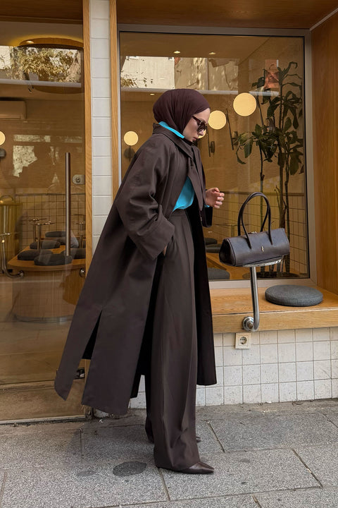 Şüheda'nın Tercihi Şal Detaylı Premium Trençkot-Acı Kahve