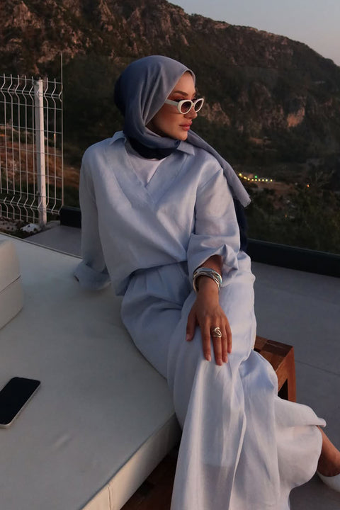 Sümeyra Yılmaz'ın Tercihi %100 Keten Çok Pileli Pantolon-Bebe Mavisi