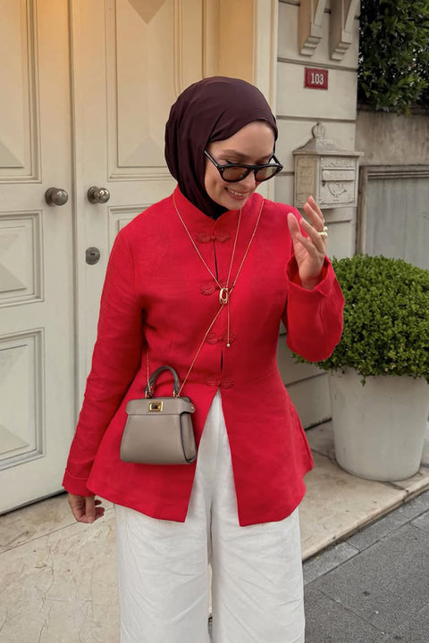 Şüheda'nın Tercihi %100 Keten Düğme Detaylı Fit Ceket-Kırmızı